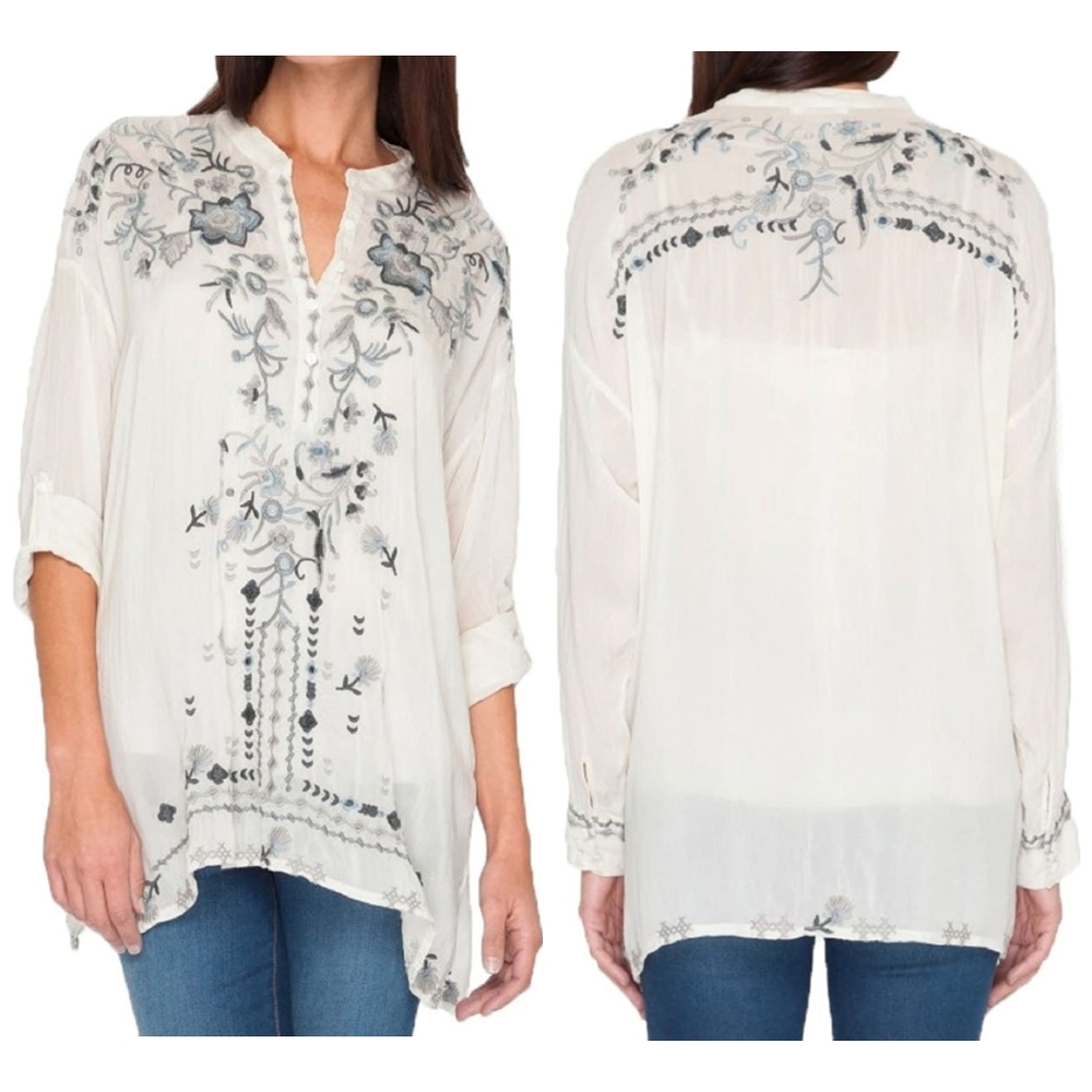 Johnny Was Floral Embroidered Tunic Top Cream Blue Grey Large - Picture 1 of 8
